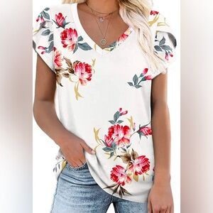 NWT • CATHY Womens Short Sleeve Casual T-Shirts V Neck Loose • Small